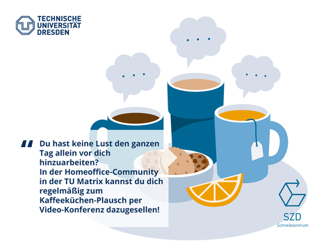 Auf der Collage sieht man Tassen, über denen Gesprächsblasen schweben. Dazu steht: "[...] In der Homeoffice-Community kannst du dich regelmäßig zum Kaffeeküchen-Plausch per Video-Konferenz dazugesellen!"
