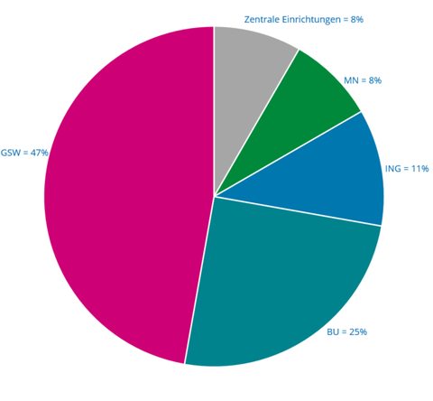 Angaben im Uhrzeigersinn: Zentrale Einrichtungen: 8%, MN: 8 %, ING: 11%, BU: 25%, GSW: 47%