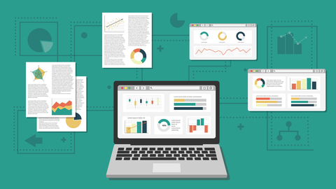 Die Grafik zeigt einen Laptop, auf welchem verschiedene Diagramme und Text angedeutet sind. Um den Laptop herum sind 2 Papierstapel und 2 Desktopansichten gruppiert, die ebenso Diagramme und Texte andeuten.