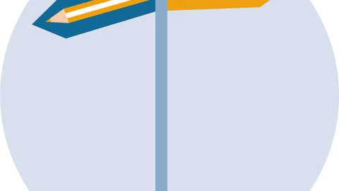 The illustration shows a signpost with two signs pointing in opposite directions. On each sign is a pencil: on the left in orange on a blue background, on the right the other way around.
