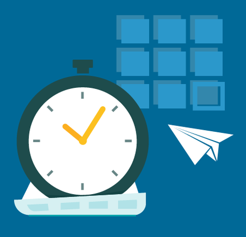 The illustration shows a clock standing on a sheet of paper. A paper airplane flies towards the clock. In the background is a grid of notes.