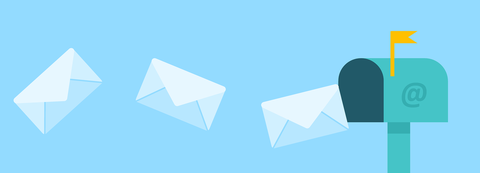 Die Illustration zeigt einen zylinderförmigen Briefkasten, auf dem ein "@" zu sehen ist und in den drei Briefe fliegen.