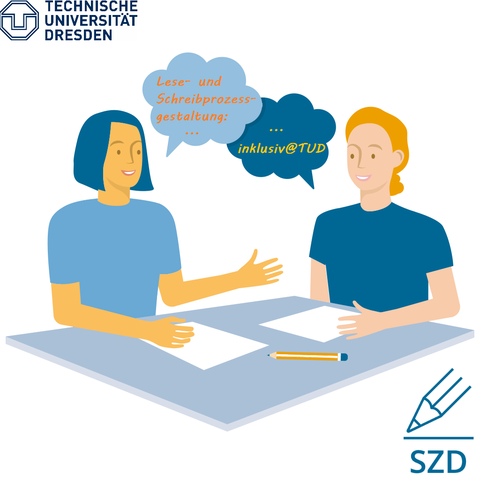 Two people sit opposite each other at a table, two sheets of paper and a pen in front of them, speech bubbles above them: "Reading and writing process design..." - "... inclusive@TUD".