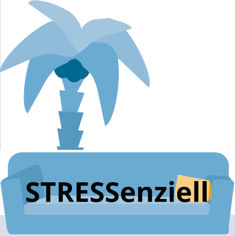 Die Grafik zeigt eine Couch, auf der in großen Buchstaben steht: "STRESSenziell". Hinter der Couch steht eine Palme. Alle Farben des Bildes sind eine Variation des Blautons der TU Dresden und des Schreibzentrums.