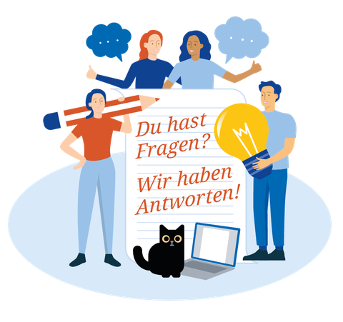 Vier Personen mit verschiedenen Symbolen (einem Bleistift, einer Glühbirne und Gesprächsblasen) sowie eine Katze mit einem Laptop stehen um ein menschengroßes Blatt Papier, auf dem geschrieben steht: "Du hast Fragen? Wir haben Antworten!"