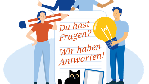 Vier Personen mit verschiedenen Symbolen (einem Bleistift, einer Glühbirne und Gesprächsblasen) sowie eine Katze mit einem Laptop stehen um ein menschengroßes Blatt Papier, auf dem geschrieben steht: "Du hast Fragen? Wir haben Antworten!"