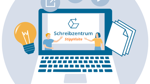 In der Grafik ist ein Laptop zu sehen, auf dessen Display eine Video läuft: Darin stehe zwei Personen am Rand und zeigen auf den Schriftzug "Schreibzentrum" und "StippVisite" in der Mitte.