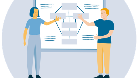 Zwei Personen stehen vor einer Tafel oder einem Whiteboard und zeigen einander zugewandt darauf. Auf der Tafel- oder Whiteboardfläche ist eine Grafik angedeutet.