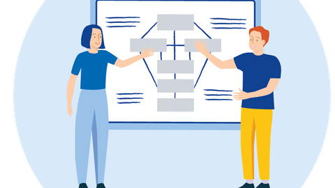 Zwei Personen stehen vor einer Tafel oder einem Whiteboard und zeigen einander zugewandt darauf. Auf der Tafel- oder Whiteboardfläche ist eine Grafik angedeutet.