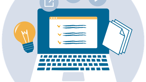 Auf einem Laptop ist eine Checkliste angezeigt, um den Laptop herum kreisen fünf Symbole: eine Glühbirne, ein Downloadpfeil, ein Mikrophon, eine Playtaste und eine Dokumentenmappe.