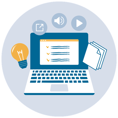 Auf einem Laptop ist eine Checkliste angezeigt, um den Laptop herum kreisen fünf Symbole: eine Glühbirne, ein Downloadpfeil, ein Mikrophon, eine Playtaste und eine Dokumentenmappe.