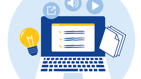 Auf einem Laptop ist eine Checkliste angezeigt, um den Laptop herum kreisen fünf Symbole: eine Glühbirne, ein Downloadpfeil, ein Mikrophon, eine Playtaste und eine Dokumentenmappe.
