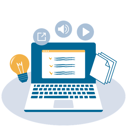Auf einem Laptop ist eine Checkliste angezeigt, um den Laptop herum kreisen fünf Symbole: eine Glühbirne, ein Downloadpfeil, ein Mikrophon, eine Playtaste und eine Dokumentenmappe.