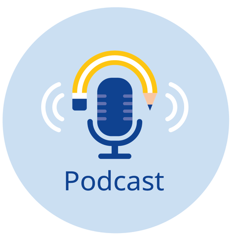 Die Grafik zeigt innerhalb eines Kreises ein stilisiertes Mikrofon im SZD-blau, als dessen Wind-/Spuckschutz ein gebogener Bleistift angedeutet ist. Rechts und links neben dem Mikrofon sind Schallwellen skizziert, darunter steht "SZD Podcast".