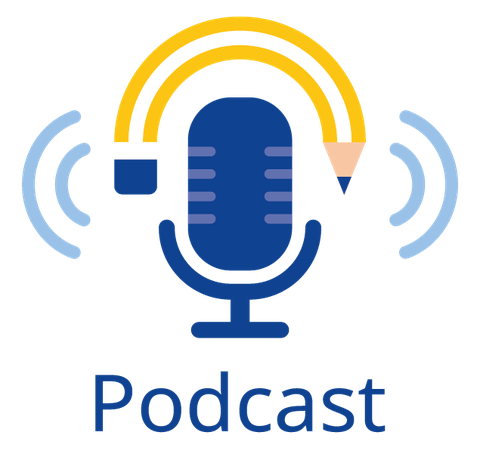 Die Grafik zeigt ein stilisiertes Mikrofon im SZD-blau, als dessen Wind-/Spuckschutz ein gebogener Bleistift angedeutet ist. Rechts und links neben dem Mikrofon sind Schallwellen skizziert, darunter steht "SZD Podcast".