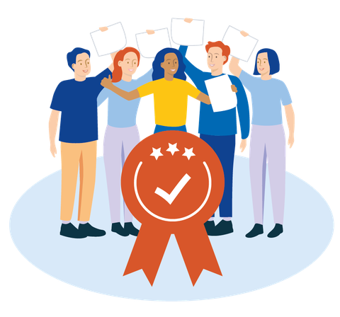 Fünf lächelnde junge Menschen stehen teilweise Arm in Arm nebeneinander und halten je ein Blatt Papier. Vor ihnen ist ein großer Badge mit einem Häkchen und drei Sternen abgebildet.