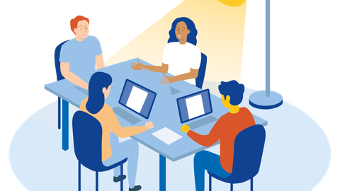 Vier Personen sitzen mit ihren Laptops an einem Tisch, im Hintergrund beleuchtet sie eine Stehlampe.