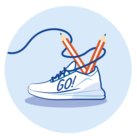 In einem Turnschuh stecken anstatt eines Fußes zwei Stifte, die durch die Schnürsenkel gehalten werden. Auf dem Schuh steht: "GO!"