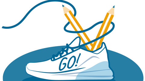 Instead of a foot, there are two pins in a sneaker, which are held in place by the laces. On the shoe it says: “GO!”, above it: “Schreibsprints”, below it: “27.02.-27.03.2027