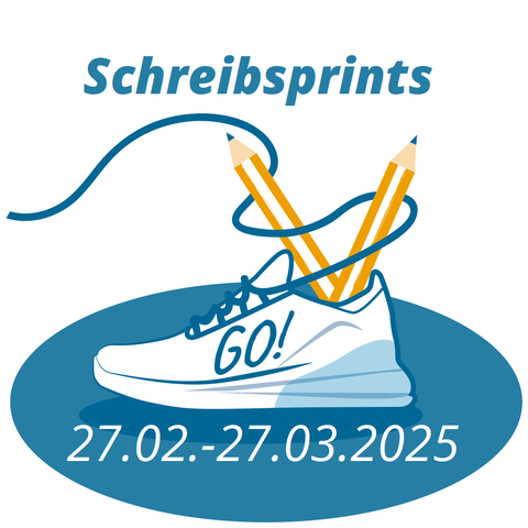  In einem Turnschuh stecken anstatt eines Fußes zwei Stifte, die durch die Schnürsenkel gehalten werden. Auf dem Schuh steht: "GO!", darüber: "Schreibsprints", darunter: "27.02.-27.03.2027