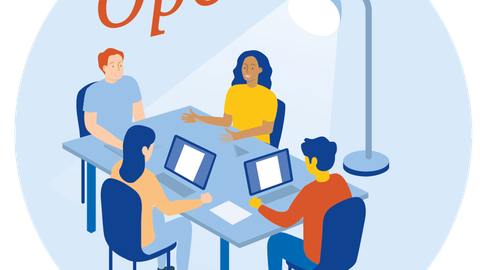 Vier Personen sitzen mit ihren Laptops an einem Tisch, im Hintergrund beleuchtet sie eine Stehlampe. Über ihnen schwebt das Wort "OPEN".