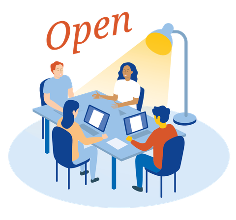 Vier Personen sitzen mit ihren Laptops an einem Tisch, im Hintergrund beleuchtet sie eine Stehlampe. Über ihnen schwebt das Wort "OPEN".