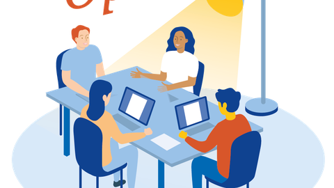 Vier Personen sitzen mit ihren Laptops an einem Tisch, im Hintergrund beleuchtet sie eine Stehlampe. Über ihnen schwebt das Wort "OPEN".