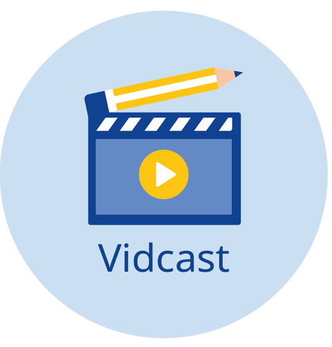 Die Grafik zeigt innerhalb eines Kreises eine Filmklappe im SZD-blau, auf der ein Videostartpfeil zu sehen und deren Klappe als Bleistift gezeichnet ist. Darunter steht: "SZD Vidcast".