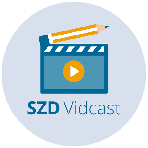 Die Grafik zeigt innerhalb eines Kreises eine Filmklappe im SZD-blau, auf der ein Videostartpfeil zu sehen und deren Klappe als Bleistift gezeichnet ist. Darunter steht: "SZD Vidcast".