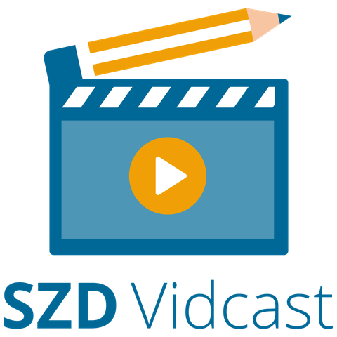 Die Grafik zeigt eine Filmklappe im SZD-blau, auf der ein Videostartpfeil zu sehen und deren Klappe als Bleistift gezeichnet ist. Darunter steht: "SZD Vidcast".