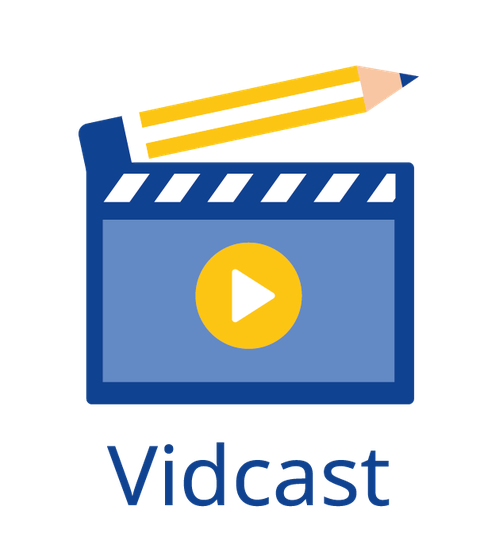 Die Grafik zeigt eine Filmklappe im SZD-blau, auf der ein Videostartpfeil zu sehen und deren Klappe als Bleistift gezeichnet ist. Darunter steht: "SZD Vidcast".
