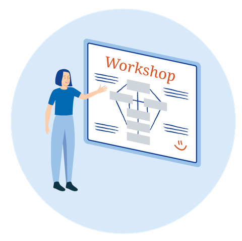 Eine Person steht einer Tafel oder einem Whiteboard zugewandt und zeigt darauf. Auf der Tafel- oder Whiteboardfläche steht: „WORKSHOP“. Darunter ist eine Grafik angedeutet und unten links lächelt ein Smiley. 