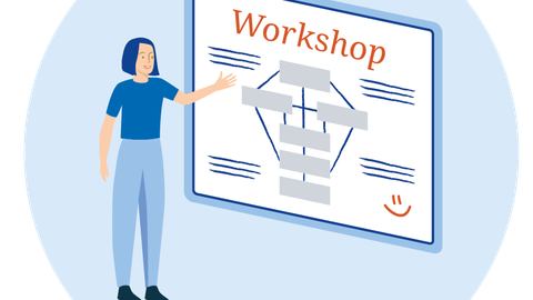 Eine Person steht einer Tafel oder einem Whiteboard zugewandt und zeigt darauf. Auf der Tafel- oder Whiteboardfläche steht: „WORKSHOP“. Darunter ist eine Grafik angedeutet und unten links lächelt ein Smiley. 