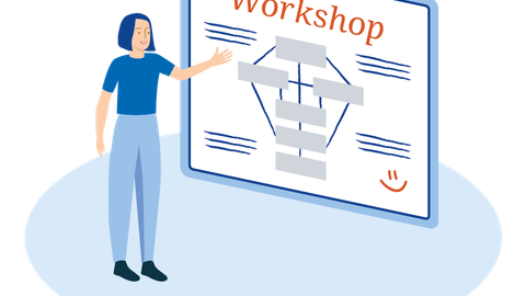 Eine Person steht einer Tafel oder einem Whiteboard zugewandt und zeigt darauf. Auf der Tafel- oder Whiteboardfläche steht: „WORKSHOP“. Darunter ist eine Grafik angedeutet und unten links lächelt ein Smiley. 