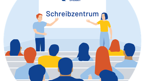 Wie durch ein Schlüsselloch schaut man in einen Hör- oder Seminarsaal, in dem zehn Studierende sitzen und auf eine Präsentation schauen, auf der groß "Schreibzentrum" steht. Zwei Personen erklären diese Präsentation.