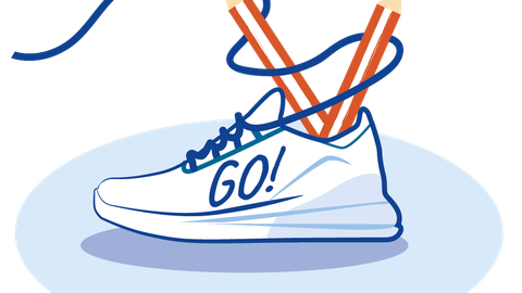 In einem Turnschuh stecken anstatt eines Fußes zwei Stifte, die durch die Schnürsenkel gehalten werden. Auf dem Schuh steht: "GO!"