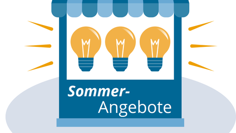 Die Grafik zeigt einen Verkauswagen, in dessen Mitte drei Glühbirnen schweben, darunter steht: "Sommer-Angebote".