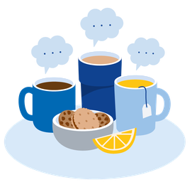 Die Grafik zeigt drei nebeneinanderstehende Tassen mit unterschiedlichem Inhalt, über denen jeweils eine Sprechblase hängt. Vor den Tassen steht eine Schale mit Keksen. Davor liegt ein Stück Orange oder Mandarine.