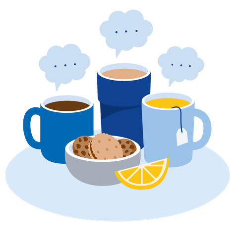 Die Grafik zeigt drei nebeneinanderstehende Tassen mit unterschiedlichem Inhalt, über denen jeweils eine Sprechblase hängt. Vor den Tassen steht eine Schale mit Keksen. Davor liegt ein Stück Orange oder Mandarine.