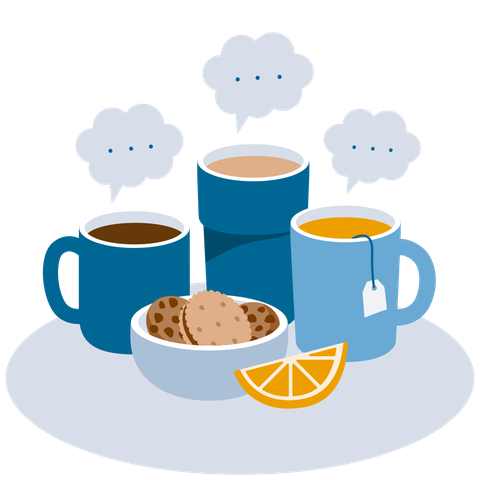 Die Grafik zeigt drei nebeneinanderstehende Tassen mit unterschiedlichem Inhalt, über denen jeweils eine Sprechblase hängt. Vor den Tassen steht eine Schale mit Keksen. Davor liegt ein Stück Orange oder Mandarine.