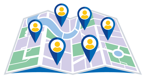 Auf einer Landkarte sind viele Pins verteilt, in denen je ein Avatar zu sehen ist.