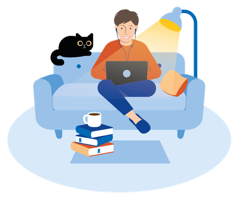 Auf einem Sofa sitzt eine Person im halben Schneidersitz, die an einem Laptop arbeitet. Auf der linken Lehne des Sofas liegt eine Katze, hinter der rechten Lehne steht eine Bogenlampe und vor dem Sofa liegt ein Bücherstapel, auf dem eine Tasse steht.