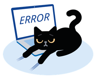 Eine Katze liegt auf einem aufgeklappten Laptop, macht einen Katzenbuckel über der Tastatur und kratzt mit ihren Krallen vor dem Laptop, auf dessen Display "ERROR" steht.