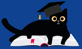 Schwarze Katze mit Doktorenkappe liegt auf aufgeschlagenem Buch
