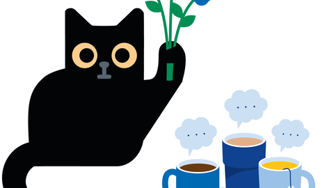 Eine stilisierte schwarze Katze hält drei Blumen in ihrer Pfote, daneben eine Schale mit Keksen sowie drei Tassen, über denen Sprechblasen hängen.