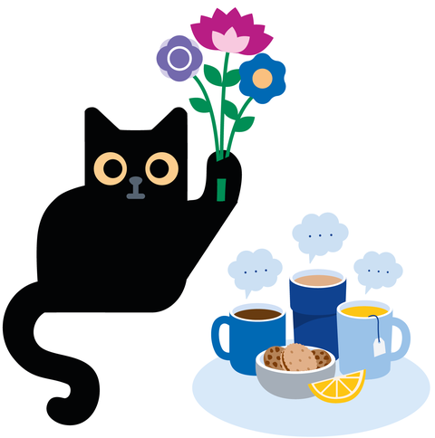 Eine stilisierte schwarze Katze hält drei Blumen in ihrer Pfote, daneben eine Schale mit Keksen sowie drei Tassen, über denen Sprechblasen hängen.