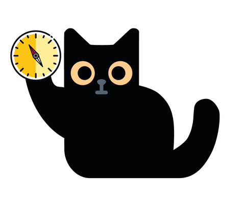 Eine schwarze, flächig gezeichnete, Katze hält eine Uhr mit ihrer rechten Pfote nach oben.