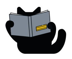 Eine schwarze, flächig gezeichnete, Katze hält ein Buch falsch herum vor ihren Kopf.