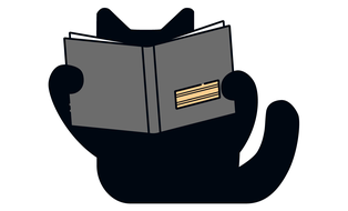 Eine schwarze, flächig gezeichnete, Katze hält ein Buch falsch herum vor ihren Kopf.