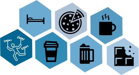 A set of symbols: Bed, pizza, coffee cup, chocolate, coffee-to-go cup, juggler, beer glass, three dots.